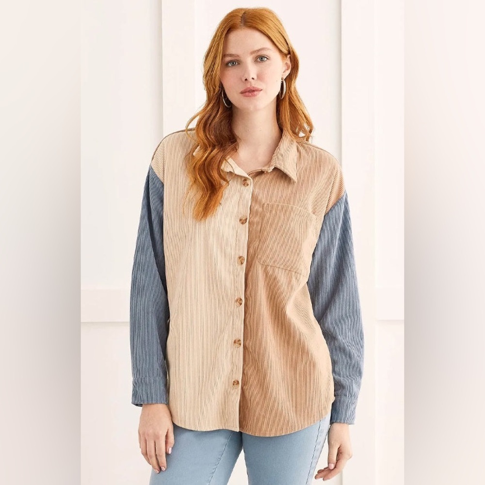Tribal Mini Corduroy Color Block Long Sleeve Button Up Shirt XL